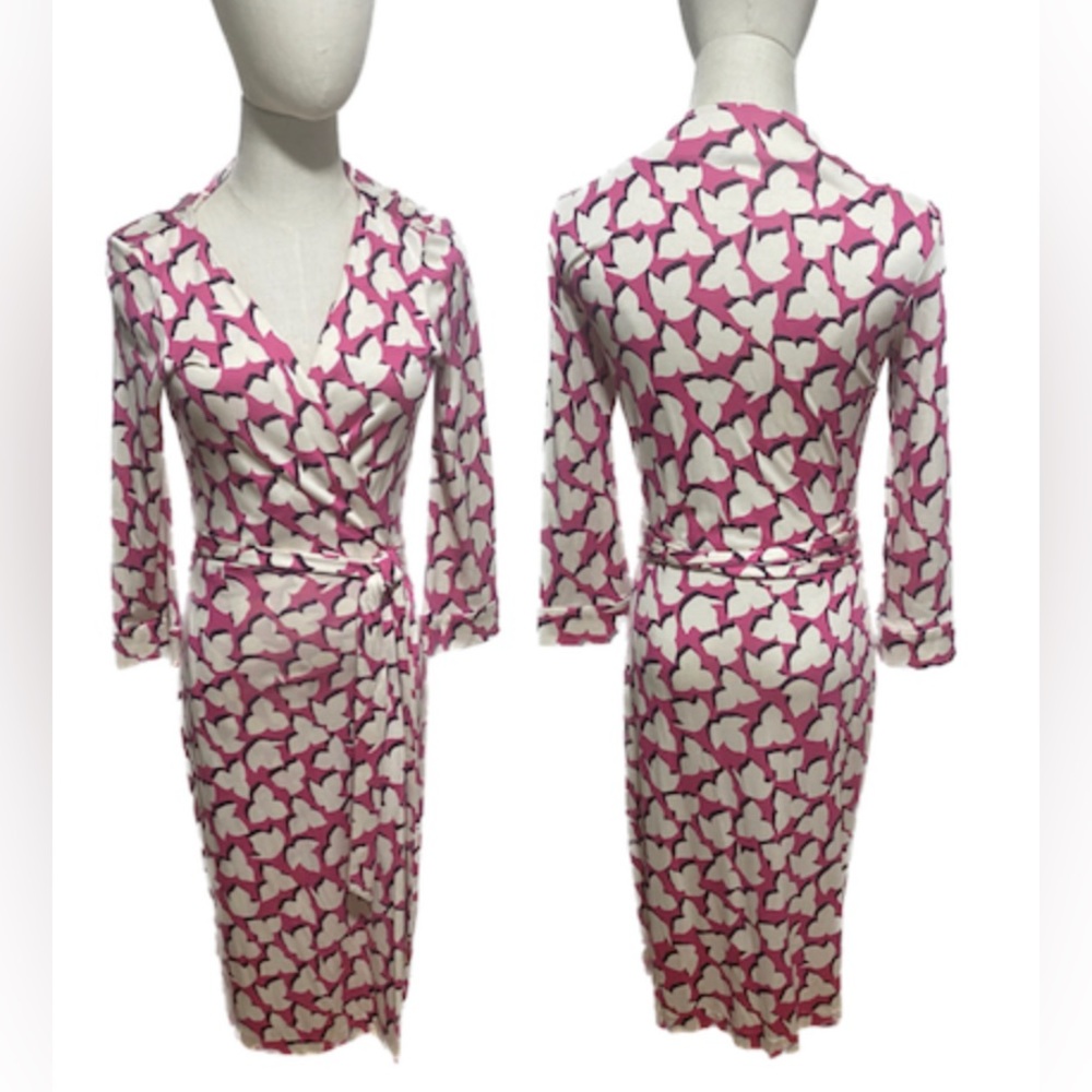 Diane Von Furstenberg Pink and White Printed Wrap Midi Dress